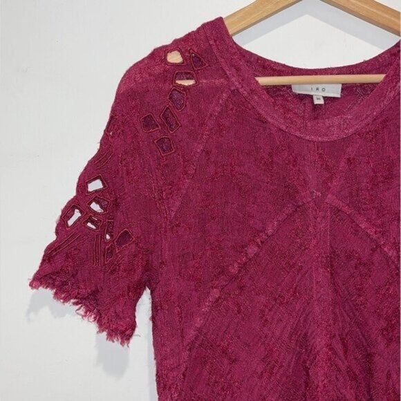 IRO Burbundy Lace Cotton Blend Round Neck Cut Out Blouse Women’s Size 6 - Picture 2 of 9